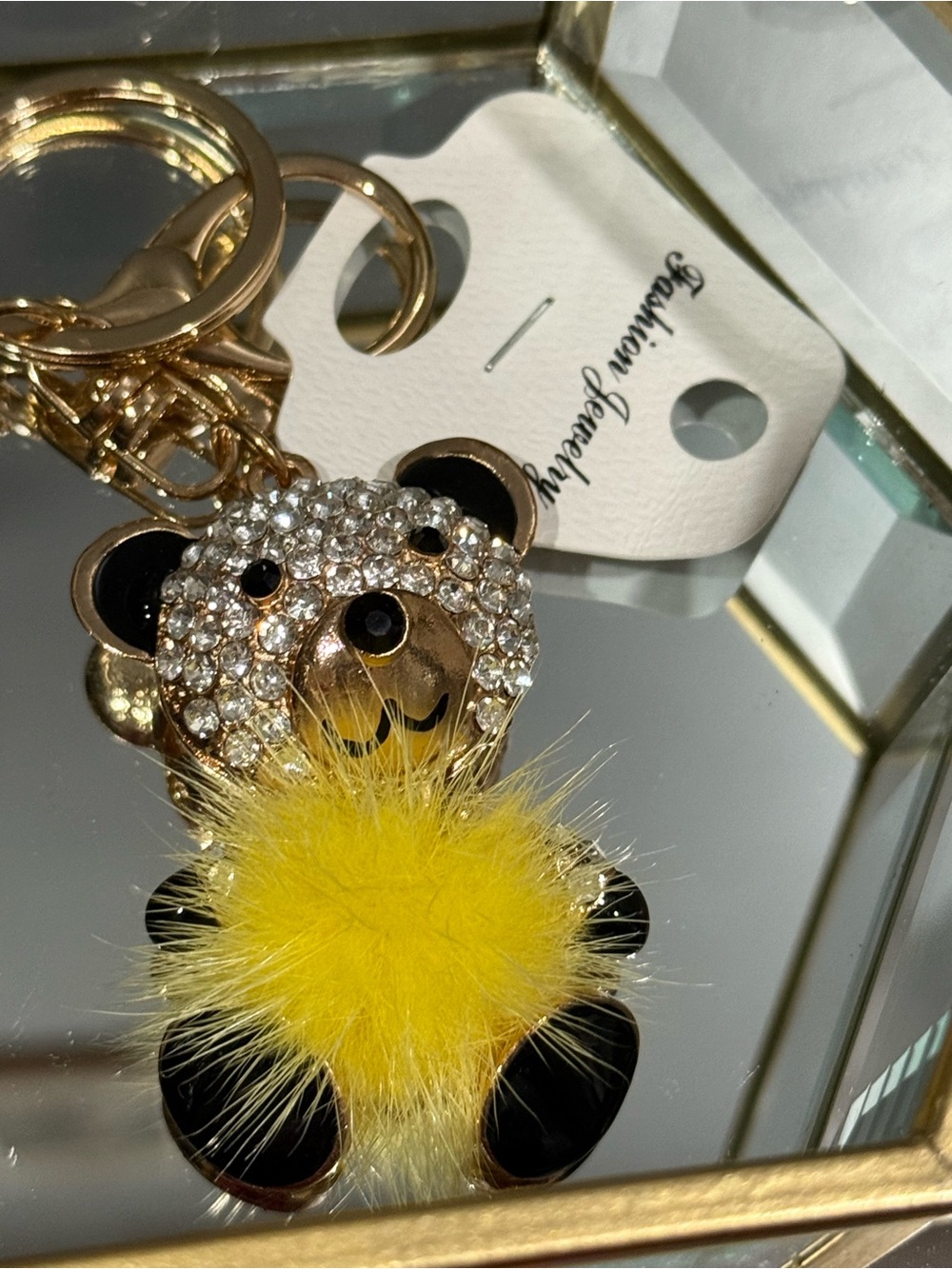 Bedazzled gold tone Bear Keychain with Yellow Pom - Picture 3 of 4